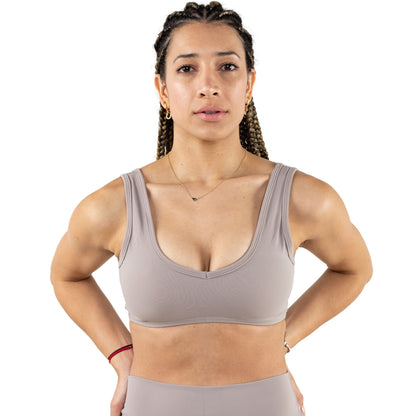 Thick Strap Sports Bra in a minimalistic colour tone. Great for Medium to High Impact workout