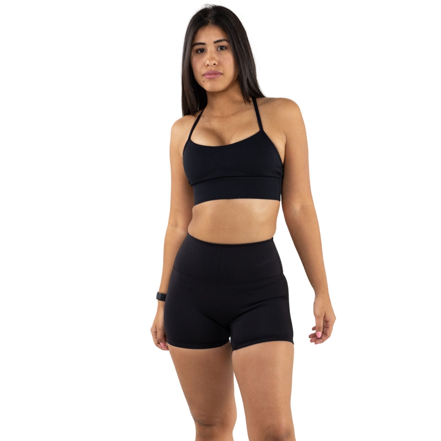Black Racer Back Thin Strap Bra paired with High Waist Scrunch Butt Shorts 