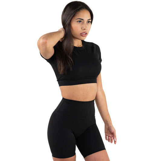 Black Short Sleeve Crop Top paired with High Waisted Seamless Biker Shorts 