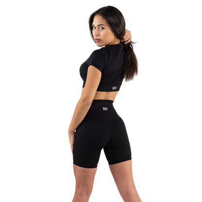 Black Short Sleeve Crop Top and High Waisted Seamless Biker Shorts (Back View)