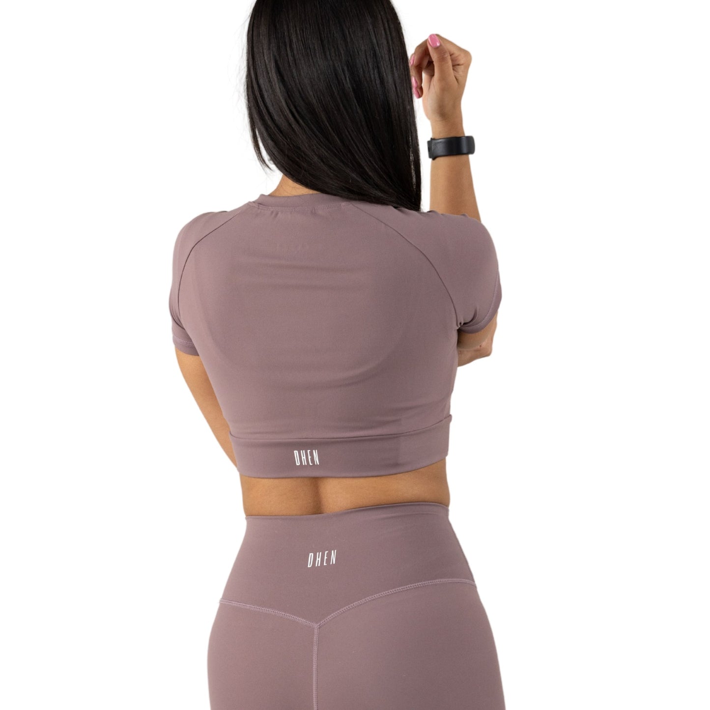 Mauve Short Sleeve Crop Top and Biker Shorts (Back View)