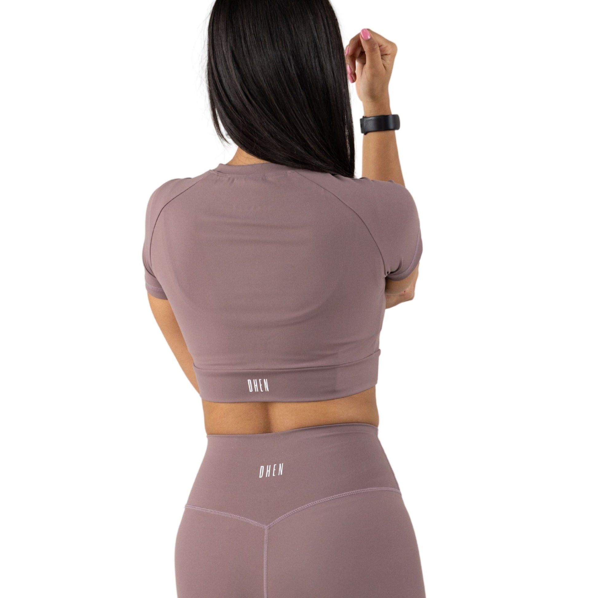 Mauve Short Sleeve Crop Top and Biker Shorts (Back View)